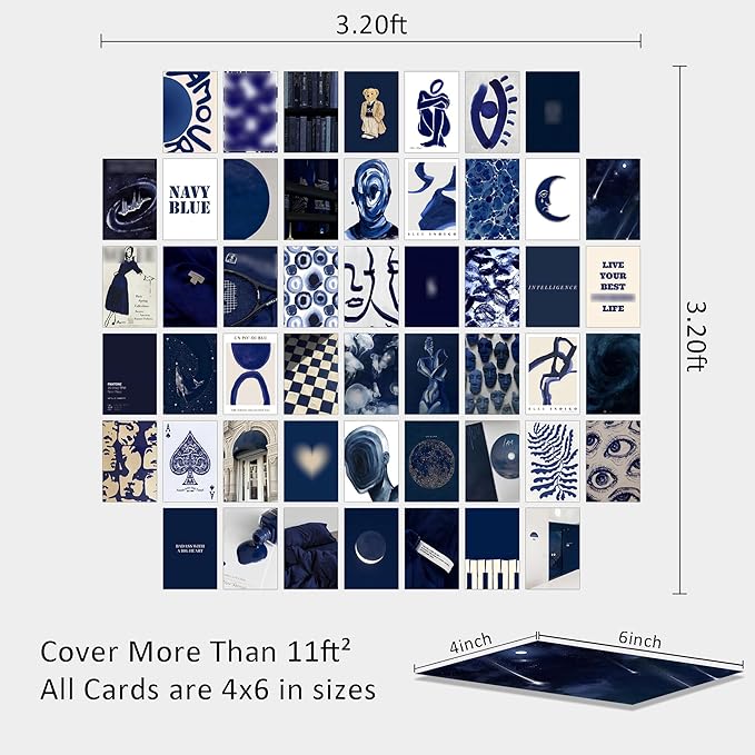 Wall67 Navy Blue Wall Collage Kits, 50 Pcs 4x6 Inch Aesthetic Wall Art Prints, Modern Navy Room Decor for Bedroom, Living Room, Office