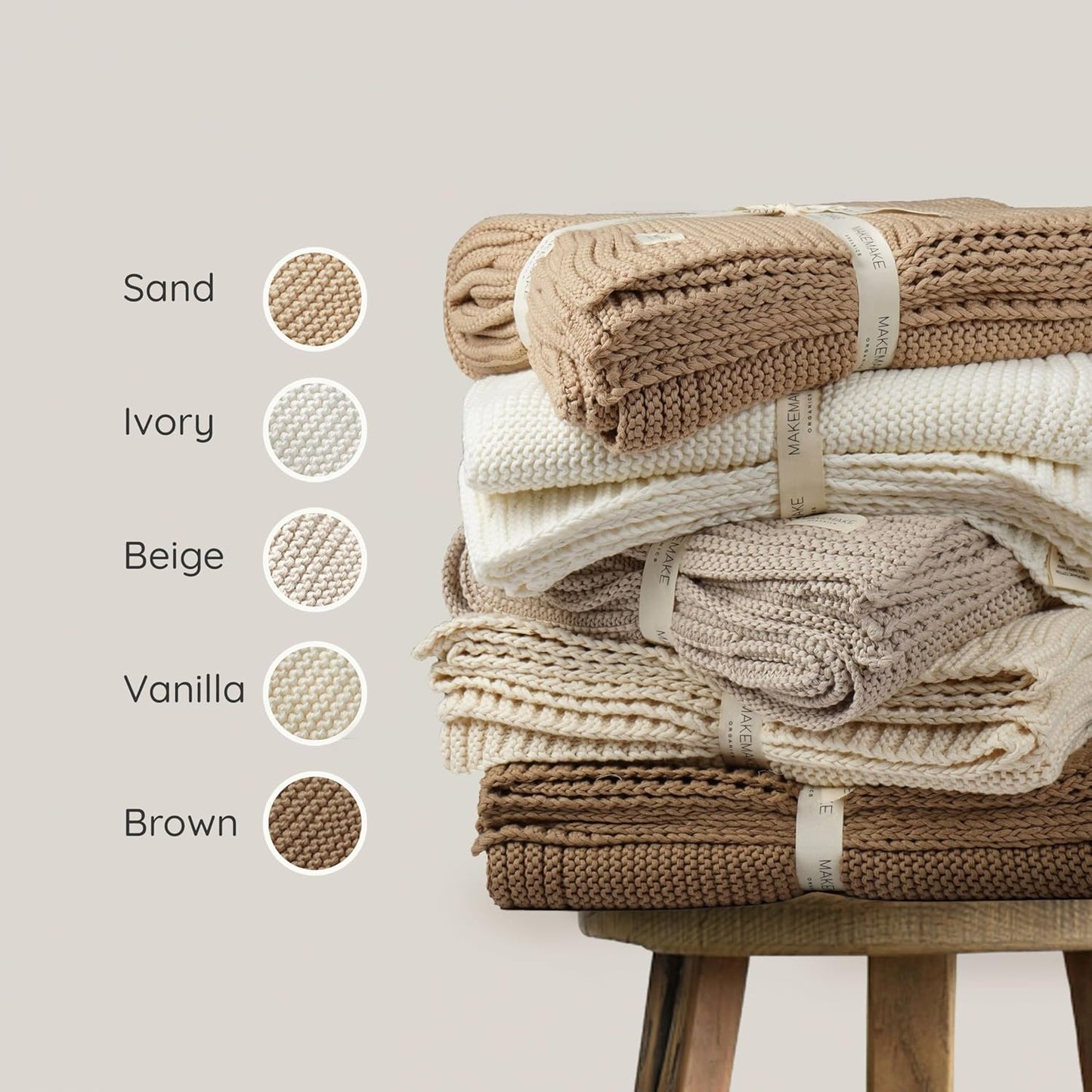 MakeMake Organics Organic Throw Blanket GOTS Certified Organic Cotton Blanket Chunky Knit Super Soft Cozy Fall Winter Large Adults Throw Blanket (50x60, Vanilla)