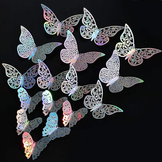 Bememo 72 Pieces 3D Butterfly Wall Decals Sticker Decal Wall Decor Art Decorative Sticker 3 Sizes for Room Offices Bedroom Bathroom Living Room Decor(Holographic White)