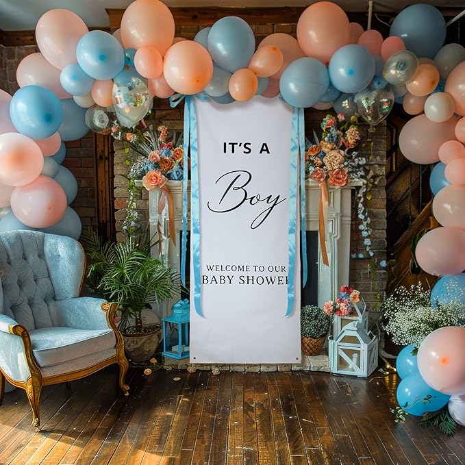 Oudain 24x60 Inch It's a Boy Burlap Banner, Baby Shower Fabric Backdrop with Pink Ribbons and Hooks, Rustic Boho Photo Props Sign for Gender Reveal Party Wall Hanging Indoor Outdoor Decoration