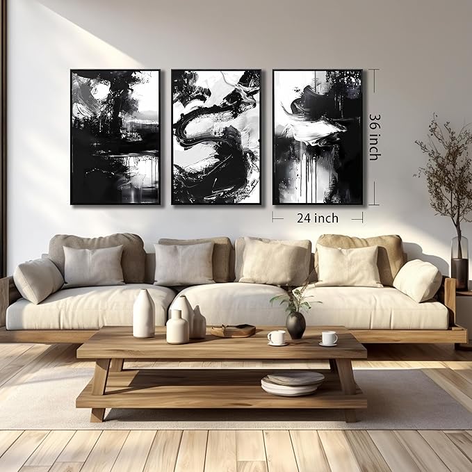 Abstract Wall Art for Living Room, Framed Canvas Wall-Decor for Bedroom, Black and White Picture Prints, Size 24 x 36 Inches 3-Pieces