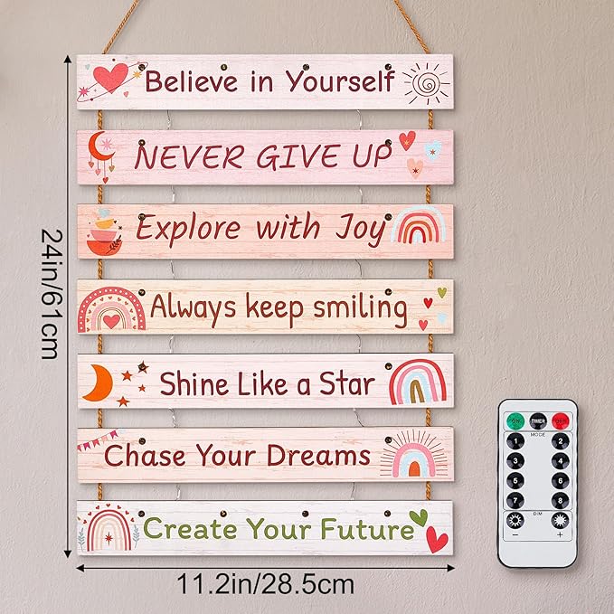 FIOBEE Girls Room Décor for Teen Girls Boys with LED Light Wall Decor for Bedroom Motivational Inspirational Wall Art Room Decoration for Kids Studyroom, 8 Kinds of Lights, Pink Boho
