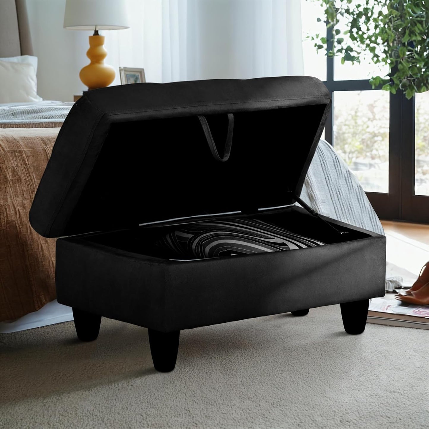Ottoman Rectangular Storage Ottoman Bench, Flannel Footrest Stool Footstool with Lid for Living Room, Bedroom, Entryway, Black, 28.5"x19"x17.5"