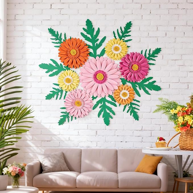SUNBEAUTY Large Paper Flower Decoration for Wall 3D Large Paper Flower Pink Orange Daisy with Green Leaves Artificial Flower Wall Hanging for Classroom Bulletin Board Office Garden Tea Party Birthday