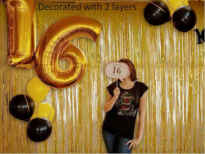 Foil Fringe Curtains st Patricks Day Decorations - Melsan 3 Pack 3.2 x 8.2 ft Gold Tinsel Curtain Party Photo Backdrop for Birthday Party Happy Retirement Baby Shower or Graduation