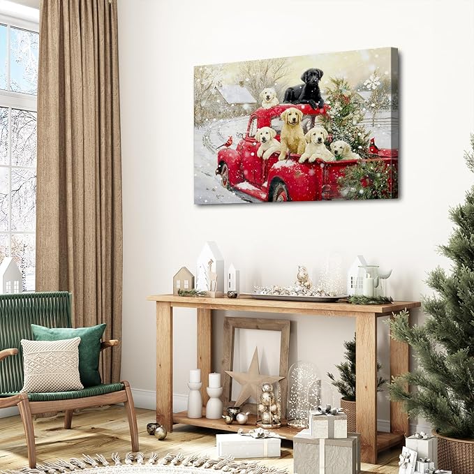 Vintage Red Truck Wall Art Christmas Tree Wall Decor Cute Farmhouse Puppy Pictures Retro Winter Christmas Scenic Poster Rustic Snow Country Artwork for Kitchen Dining Room Home Decorations 24x36"