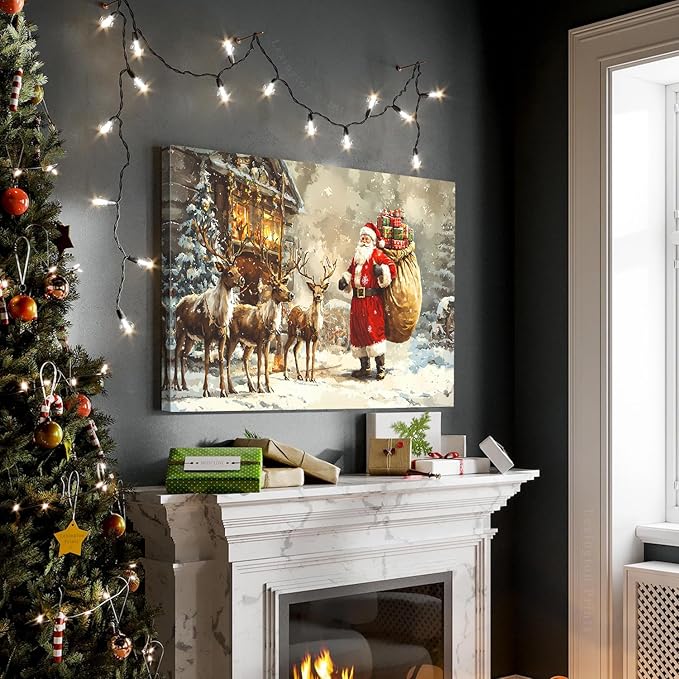 Farmhouse Christmas Wall Art for Living Room Santa Claus Wall Decor Vintage Reindeers Canvas Prints Christmas Deer Pictures Winter Landscape Painting Artwork Kitchen Office Home Decorations 16x24"