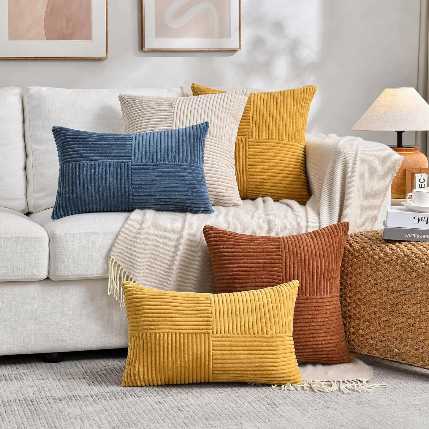 Fancy Homi 2 Packs Rust Long Lumbar Decorative Throw Pillow Covers 12x24 Inch for Couch Bed Sofa, Farmhouse Boho Home Decor, Soft Corduroy Patchwork Rectangle Terracotta Cushion Case 30x60 cm
