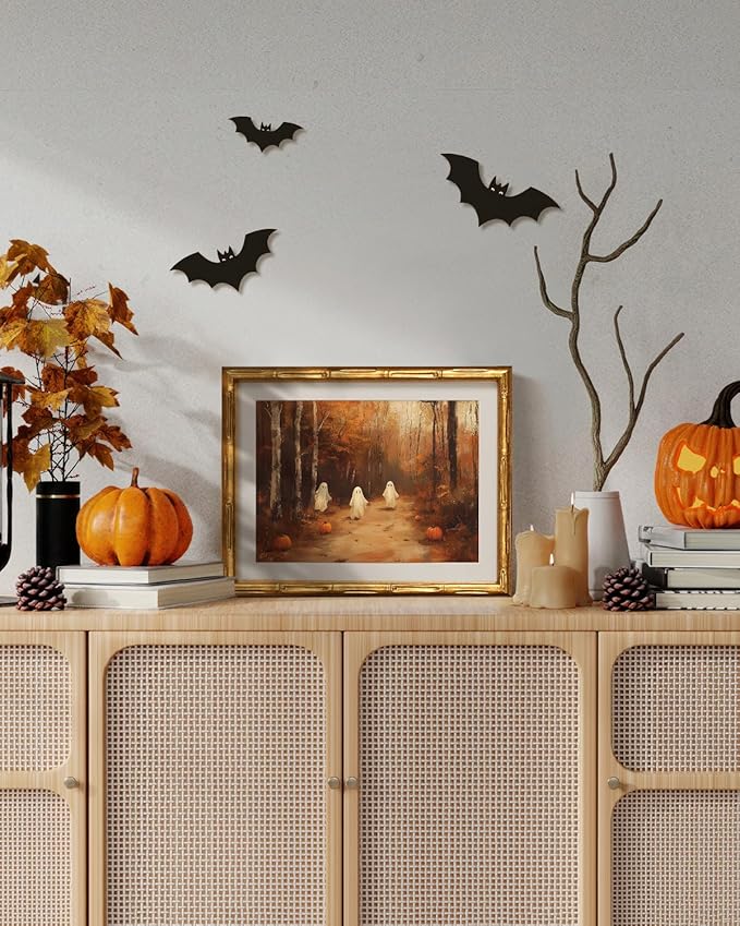 VIYYIEA Bamboo Detail Design Gold Framed Halloween Wall Art for Living Room, Three Ghost Wall Art, Halloween Home Decor Aesthetic Bathroom Bedroom, Office, Framed Ghost Artwork 11 x 14 Inch