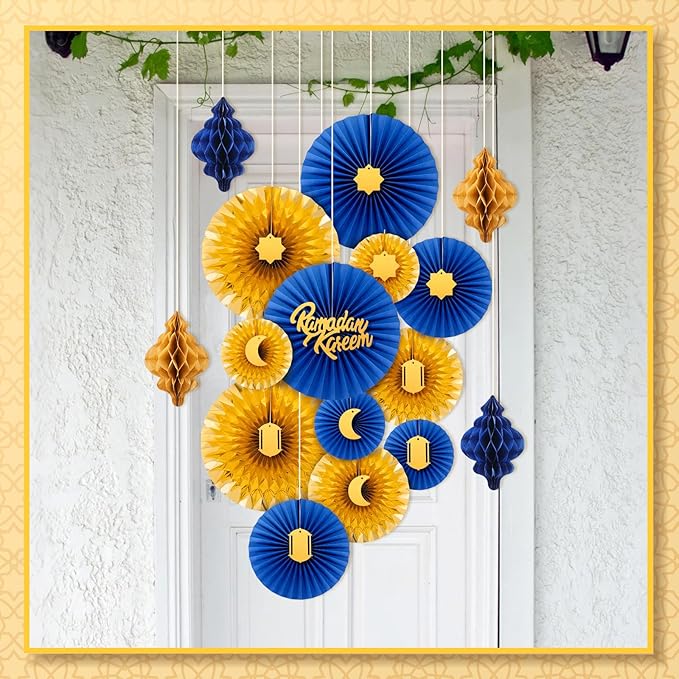 Epakh 29 Pcs Ramadan Decorations for Home Ramadan Hanging Paper Lantern Eid Wall Ceiling Decoration Honeycomb Paper Fan Eid Mubarak Home Decoration Birthday Wedding Party Supply(Blue & Gold)