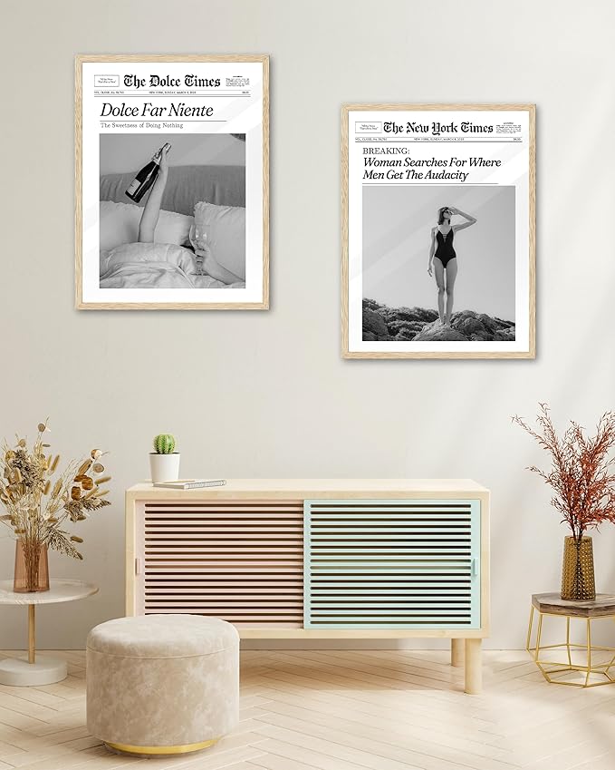 iHery Small Dolce Far Niente Framed Trendy NewsPaper Wall Art, Natural OAK Wood 8x10in Canvas Wall Art Bedroom,The Sweetness of Doing Nothing Print,La Dolce Vita Home Decor For Living Room Dorm 1Pack