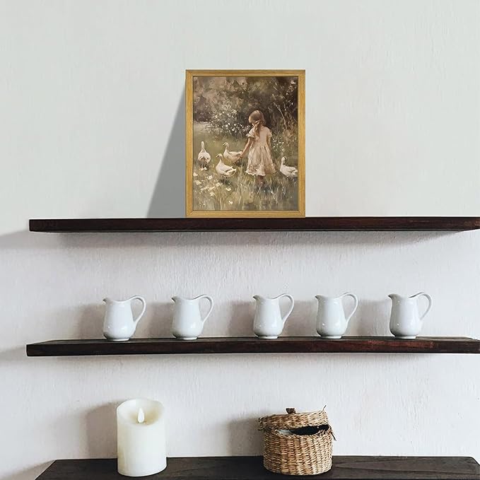 Wood Framed Canvas Wall Art, Vintage Girl with Ducks Painting Poster, Countryside Pastoral Landscape Print Picture, Rustic Farmhouse Wall Decor for Living Room Bedroom Nursery 8x10 inch
