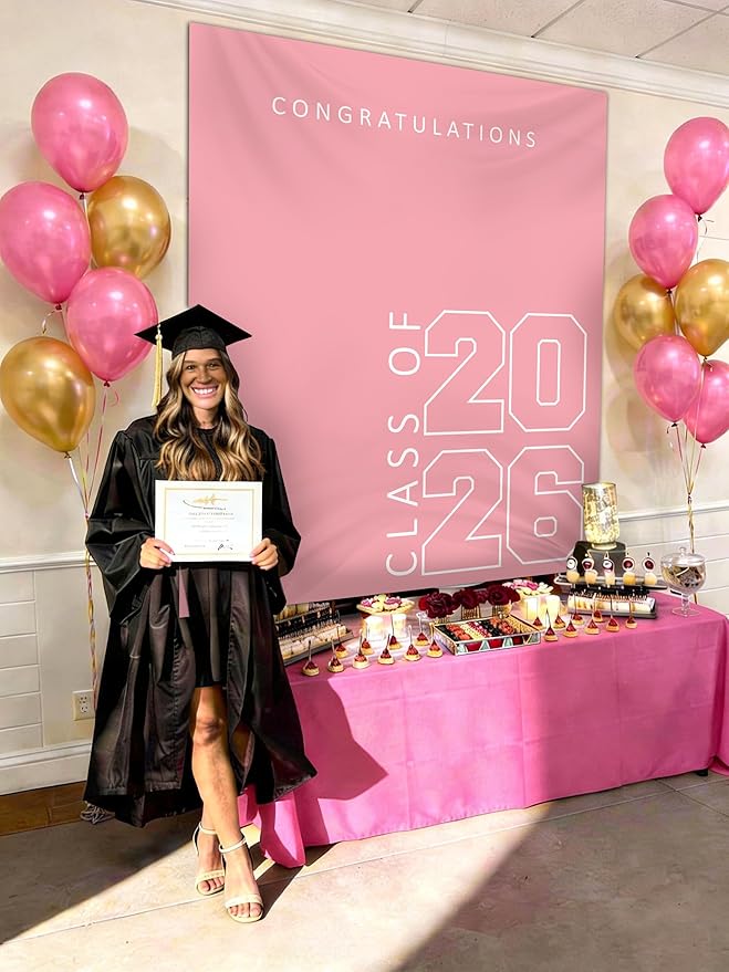 Class of 2026 Graduation Banner 5X6feet - Large CONGRATS GRAD Polyester Banner, Photo Backdrop & Wall Decor for Commencement Party Supplies, Pink and White Graduation Party Decorations for High School & College