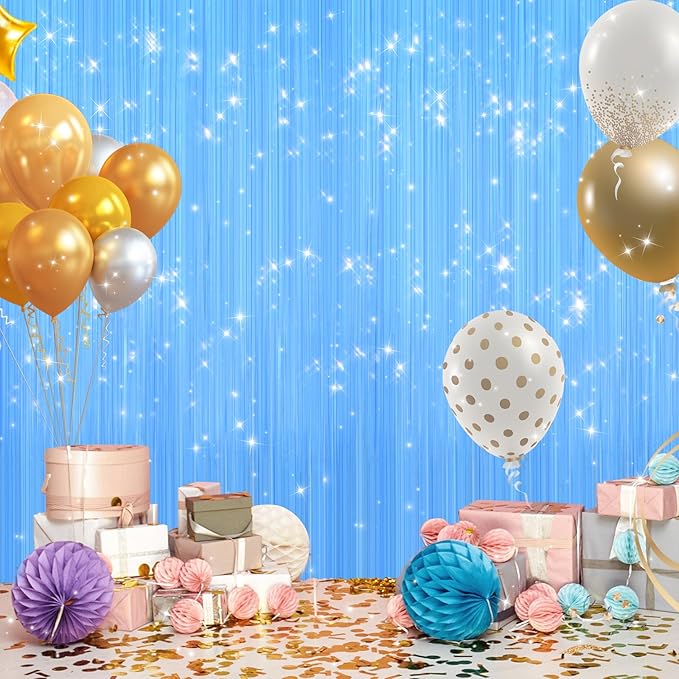 2Pack Macaron Blue Party Streamers, Blue Metallic Tinsel Streamers for Birthday Wedding Party Decors Graduation, Baby Shower, Photo Booth Props for Bachelorette Decors Xmas Halloween Party Backdrop
