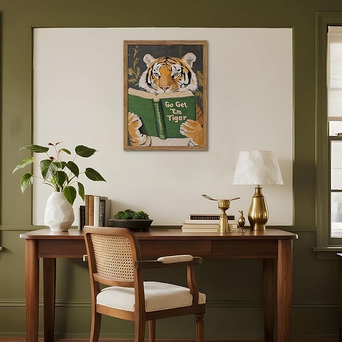 Framed Tiger Canvas Wall Art, Motivational Tigers Reading Poster Print, Humorous Bookworm Pictures Wall Decor, Vintage Go Get Em Tiger Painting for Office Library Bedroom Decor 12x16 inch