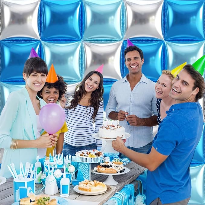 36pcs Blue and Silver Square Foil Balloons Wall Backdrop with 121pcs Balloon Garland Arch Kit, Double Sided Balloons for Birthday Bridal Shower Anniversary New Year Graduation Party Decorations