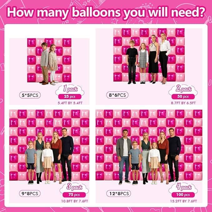 NISOCY 25PCS Hot Magenta Pink Square Foil Balloons Wall Backdrop Double Sided Metallic Pink Balloons Arch Kit for Galentines Valentines Day Bachelorette Birthday Engagement Bridal Party Decorations