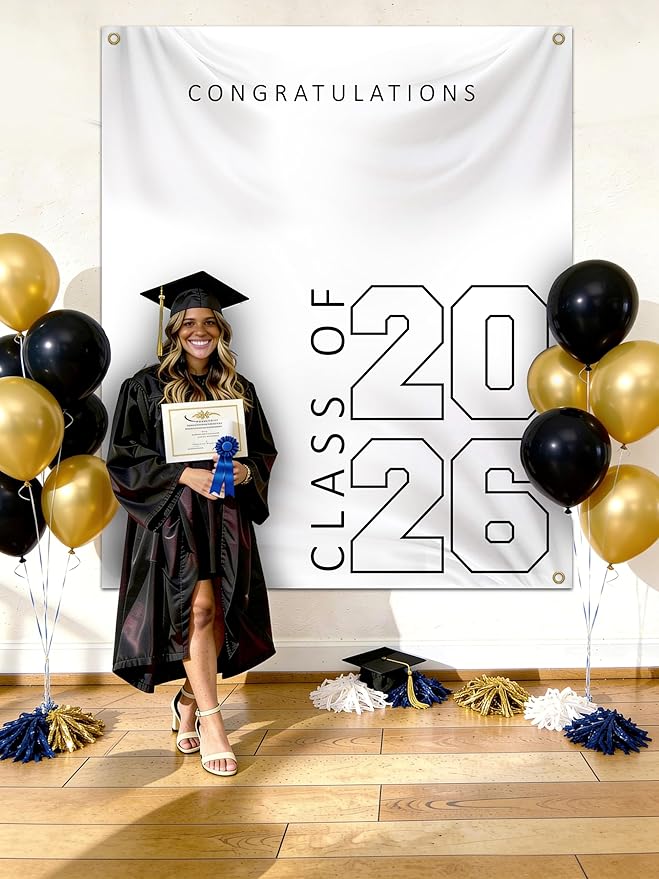 Class of 2026 Graduation Banner 5X6feet - Large CONGRATS GRAD Polyester Banner, Photo Backdrop & Wall Decor for Commencement Party Supplies, White and Black Graduation Party Decorations for High School & College