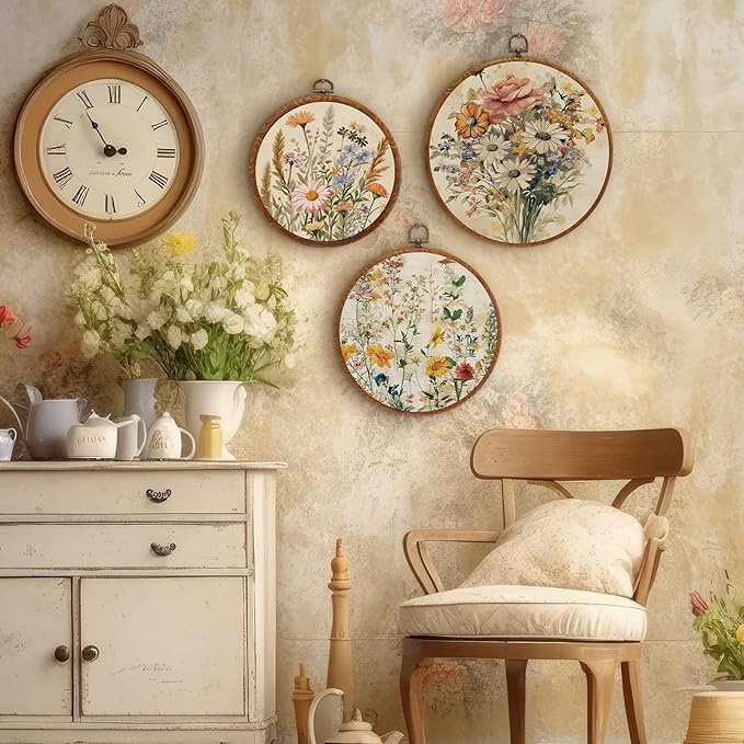 Fiwochic 3 Pcs Round Wildflowers Boho Wall Decor Vintage Flowers Wall Artwork Spring Floral House Artwork Flowers Painting Canva Print Framed Art Farmhouse Nature Hanging Boho Decor for Bedroom