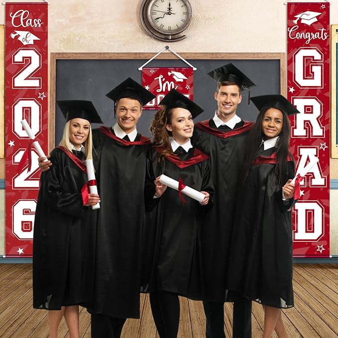 Moukeren 3 Pieces 2026 Graduation Party Decorations Graduation Porch Sign Class of 2026 Grad Hanging Porch Banner Backdrop Door Sign for Grad Party Home Door Wall Decor(Red)