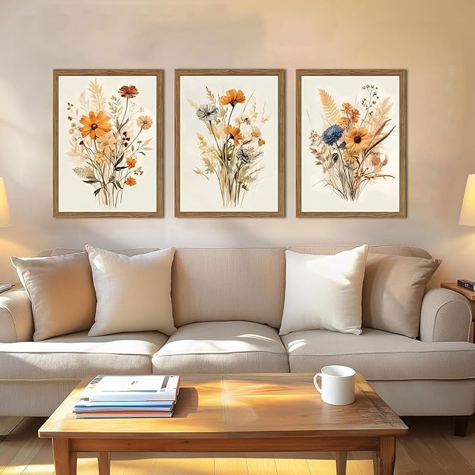 Vintage Wildflower Framed Canvas Wall Art Set of 3 – Rustic Botanical Floral Pictures Prints for Living Room Bedroom Bathroom, Retro Boho Wall Decor for Home Aesthetic 12x16 inch
