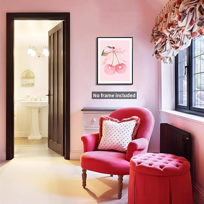 Trendy Pink Bows Posters Wall Art Set of 3, Vintage Preppy Cherry Picture Prints, Pink Girly Room Aesthetic Canvas Wall Decor Painting for College Apartment Living Room Bedroom 12x16 In Unframed