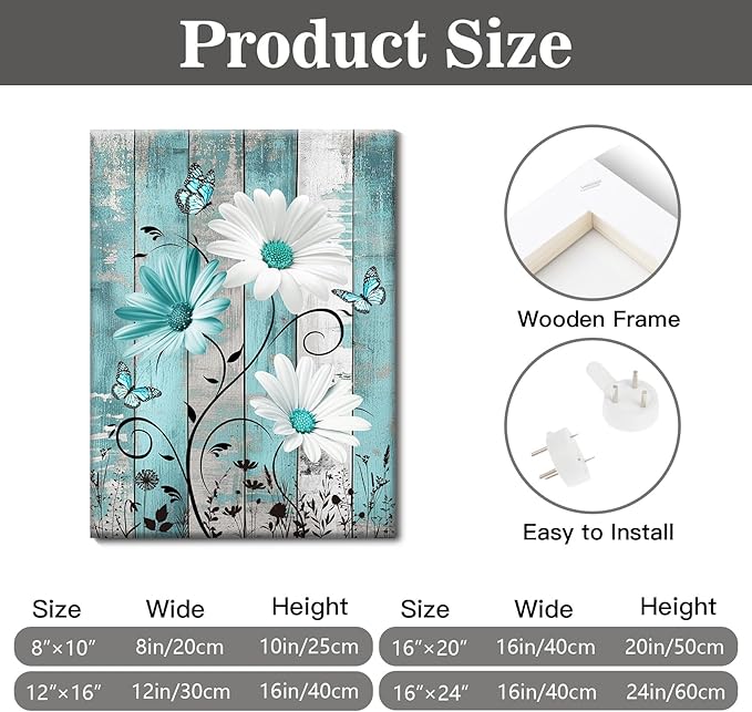 MYUSRE Farmhouse Teal Floral Wall Art for Bathroom, Turquoise Daisy and Butterfly on Retro Wood Canvas Wall Art Wildflower Nature Plant Pictures for Bedroom Living Room Wall Decor,10L X 8W inches