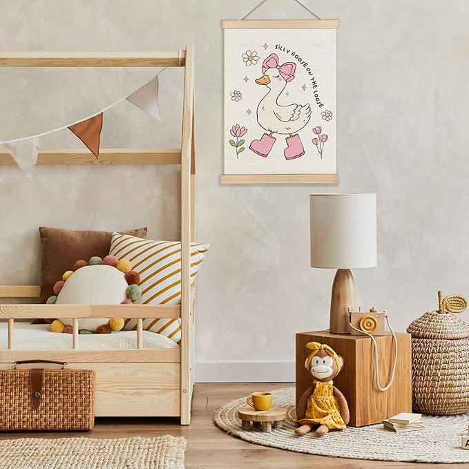 LZYRF Silly Goose On The Loose Wall Art, Coquette Pink Bow Floral Aesthetic Goose Canvas Prints Wall Decor for Girls Room Bedroom Dorm Nursery Playroom, 12x16 Inch