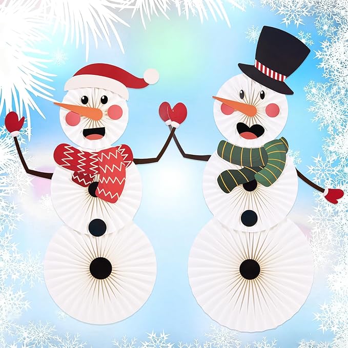 Christmas Hanging Paper Fans Decoration Classroom Christmas Decorations Xmas Bulletin Board Decorations with Fun Snowman for Xmas Holiday Winter Backdrops Wall Party Supply