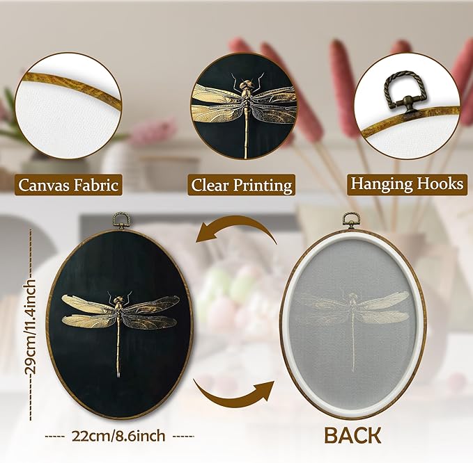 Mcehtle Moody Dragonfly Wall Art Decor, Vintage Dark Academia Insect Oval Framed Canvas Prints 8.6x11.4, Cottagecore Minimalist Round Wall Hanging Artwork Decorations for Gallery Bedroom Living Room