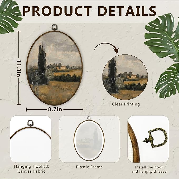 Gnmduw Vintage Country Landscape Oval Wall Art Framed, Antique French Countryside Landscape Canvas Prints Hanging Decor, Farmhouse Cottagecore Scene Wall Decor for Bedroom Living Room, 8.7x11.3 In