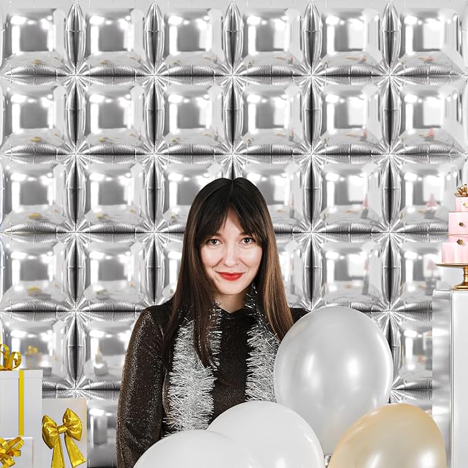 NISOCY 36PCS Metallic Silver Square Foil Balloons Wall Backdrop Chrome Silver Balloons Tunnel Garland Arch Kit for New Year Anniversary Bachelorette Birthday Engagement Bridal Shower Party Decorations