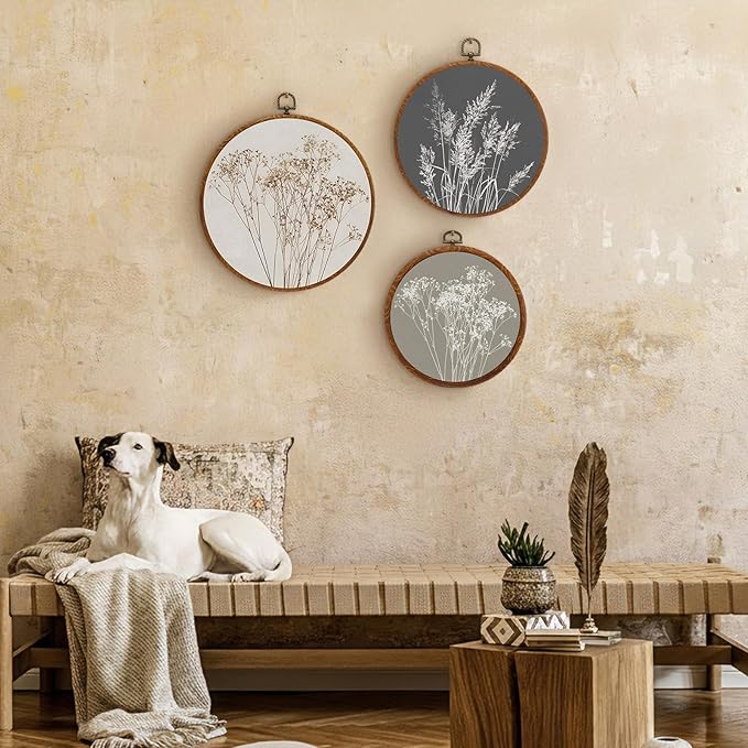 Fiwochic 3 Pcs Round Beige Wall Decor Boho Vintage Flowers Wall Artwork Spring Floral House Artwork Flowers Painting Canva Print Framed Art Farmhouse Nature Hanging Boho Decor for Bedroom
