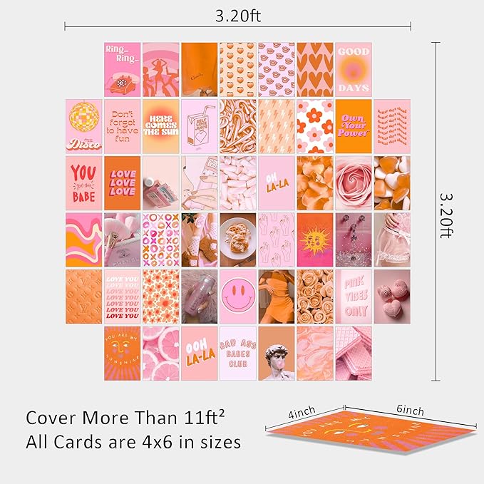 Pink and Orange Room Decor Aesthetic, Peach Wall Collage Kit Posters for Teen Boys Girls (50pcs 4x6 inch)