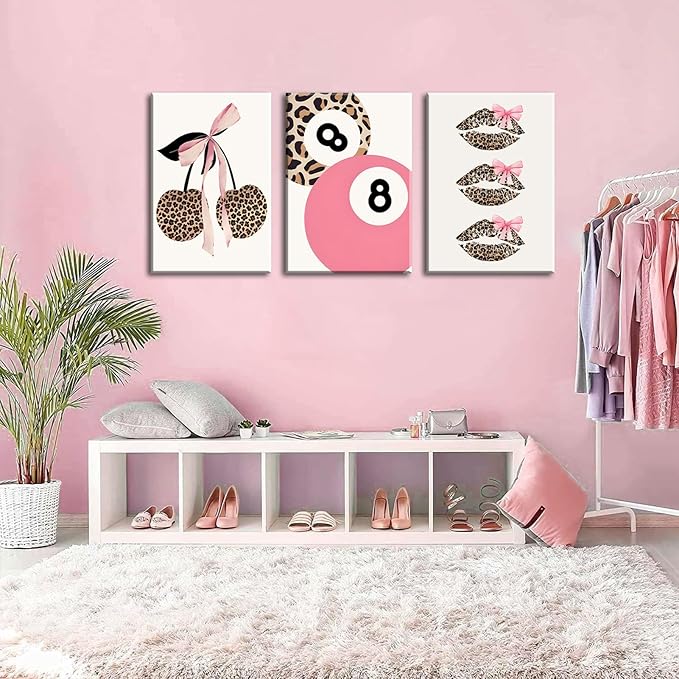 Trendy Pink Leopard Bow Canvas Wall Art Set of 3 Funky Cherry Lucky 8 Ball Posters Prints Cute Coquette Preppy Room Aesthetic Wall Decor Pictures for Girls Bedroom Apartment Dorm 12x16in