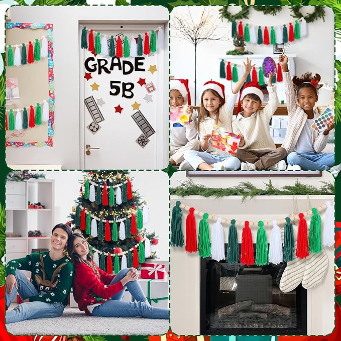 Zeyune 3 Pcs Christmas Tassel Garlands Red Green White Tassels Hanging Decor Xmas Rainbow Wall Hanging with Wood Beads for Christmas Party Supplies Bedroom Baby Shower