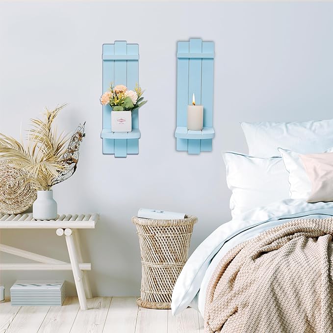 Sconces Wall Decor Set of 2, Wall Candle Holder Rustic Home Decor, Farmhouse Art Floating Candle Sconces Shelf Blue Wall Decorations for Living Room, Dining Room, Bedroom, Bathroom