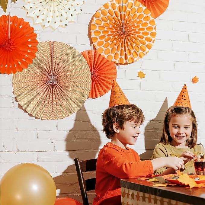 SUNBEAUTY Pack of 7 Hanging Paper Fans Collection Orange Paper Fans Home Party Photo Backdrop Decorations