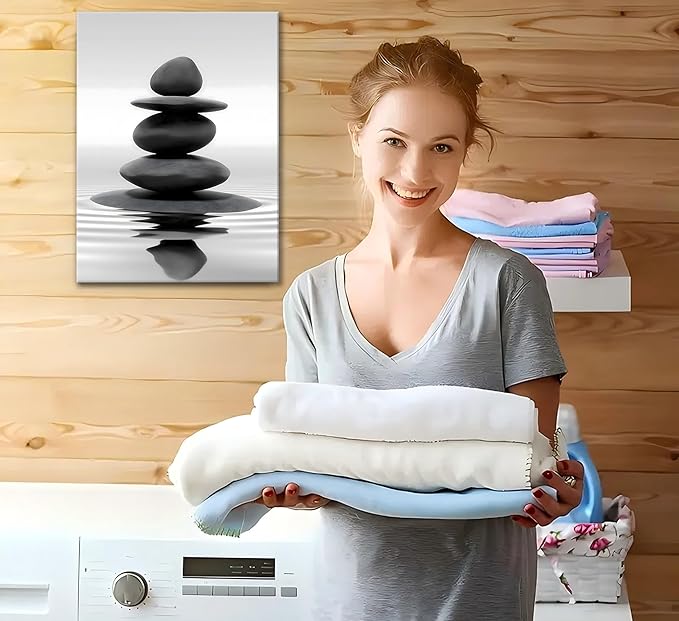 Zen Canvas Wall Art Black Stacked Stone Poster Print for Spas Bathrooms Yoga Rooms Meditation Spaces Wall docer Ready to hang 12x16in Framed