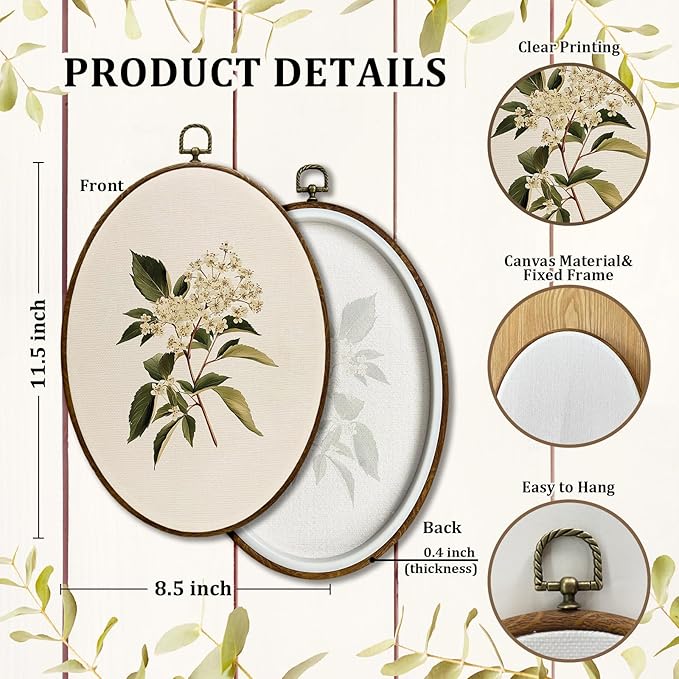 JQF Vintage Botanical Floral Oval Wall Decor, Farmhouse Cottagecore Flower Oval Canvas Wall Art, Rustic Country Floral Framed Prints Hanging Decor for Home Bedroom Living Room, 8.5x11.5 Inch