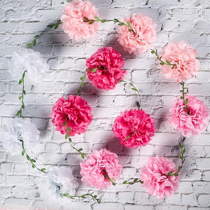 Gradient Pink Tissue Paper Pom Pom Garlands, Paper Flowers for Birthday Decorations, Baby Shower, Wedding Engagement, Bridal Shower, Spring Summer Party Decorations