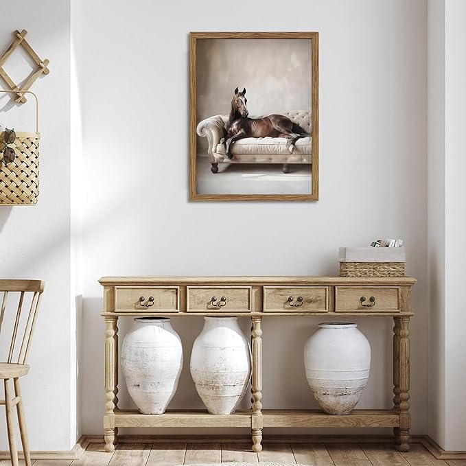 Framed Funny Horse Wall Art, Vintage Brown Horse Laying on Sofa Canvas, Modern Farmhouse Western Wall Decor, Grace Animal Pictures Prints for Living Room Bedroom Office Dorm 16x24 inch