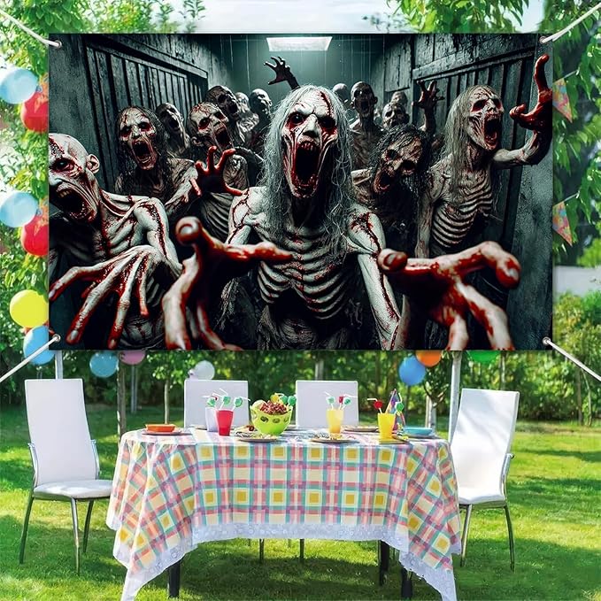 Halloween Banner 71x43 Inch Zombie Backdrop Scary Haunted House Wall Decor for Spooky Halloween Decorations Indoor Outdoor Party Supplies