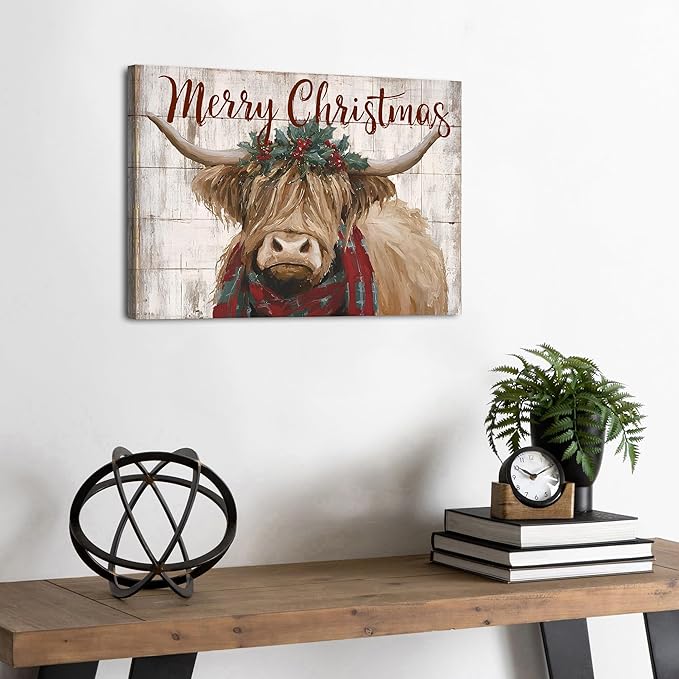 Christmas Highland Cow Wall Art Merry Christmas Sign Poster Rustic Farmhouse Cow Pictures Wall Decor Rustic Wood Grain Farm Animal Canvas Prints Artwork for Kitchen Dining Room Home Decoration 12x16"