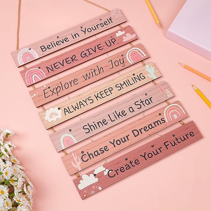 FIOBEE Girls Room Décor for Teen Girls Boys with LED Light Wall Decor for Bedroom Motivational Inspirational Wall Art Room Decoration for Kids Studyroom, 8 Kinds of Lights, Light Pink Boho