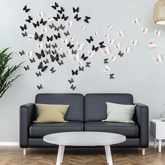24pcs 3D Vivid Special Man-Made Lively Butterfly Wall Stickers Removable Butterflies Wall Decals 3D Nursery Art Decor for Kids Girls Bedroom Living Room Classroom Party Decoration White & Black