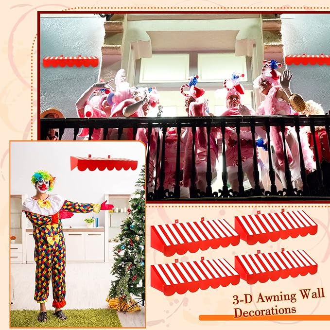 Tallew 4 Pcs 3D Circus Awning Wall Decoration Carnival Awning for Halloween Carnival Theme Party Classroom Decorations(Red and White)