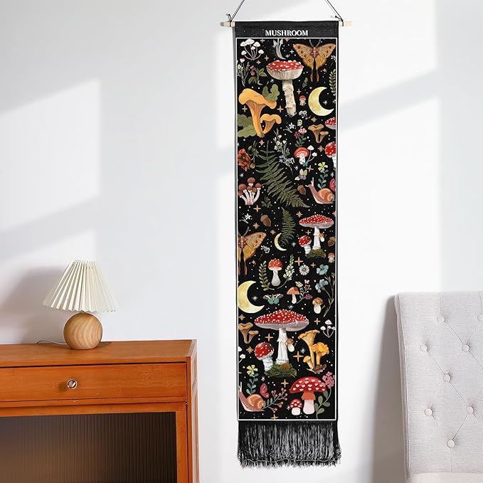 Tegeme Vintage Tapestry 52 x 13 Inch, Long Vertical Wall Hanging Reference Illustrative Botanical Tassel Tapestry for Bedroom Living Room Home Decoration(Mushroom)