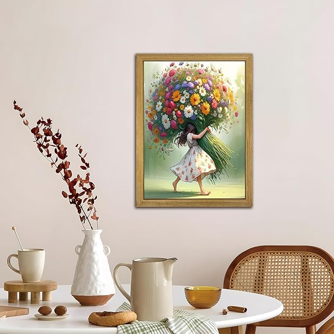 Wood Framed Pink Wildflower Canvas Wall Art, Girl Hugging Flowers Poster Prints Paintings, Teen Girls Preppy Bedroom Decor, Green Room laesthetic Picture for Kids Room Hallway Living Room 12x16 Inch