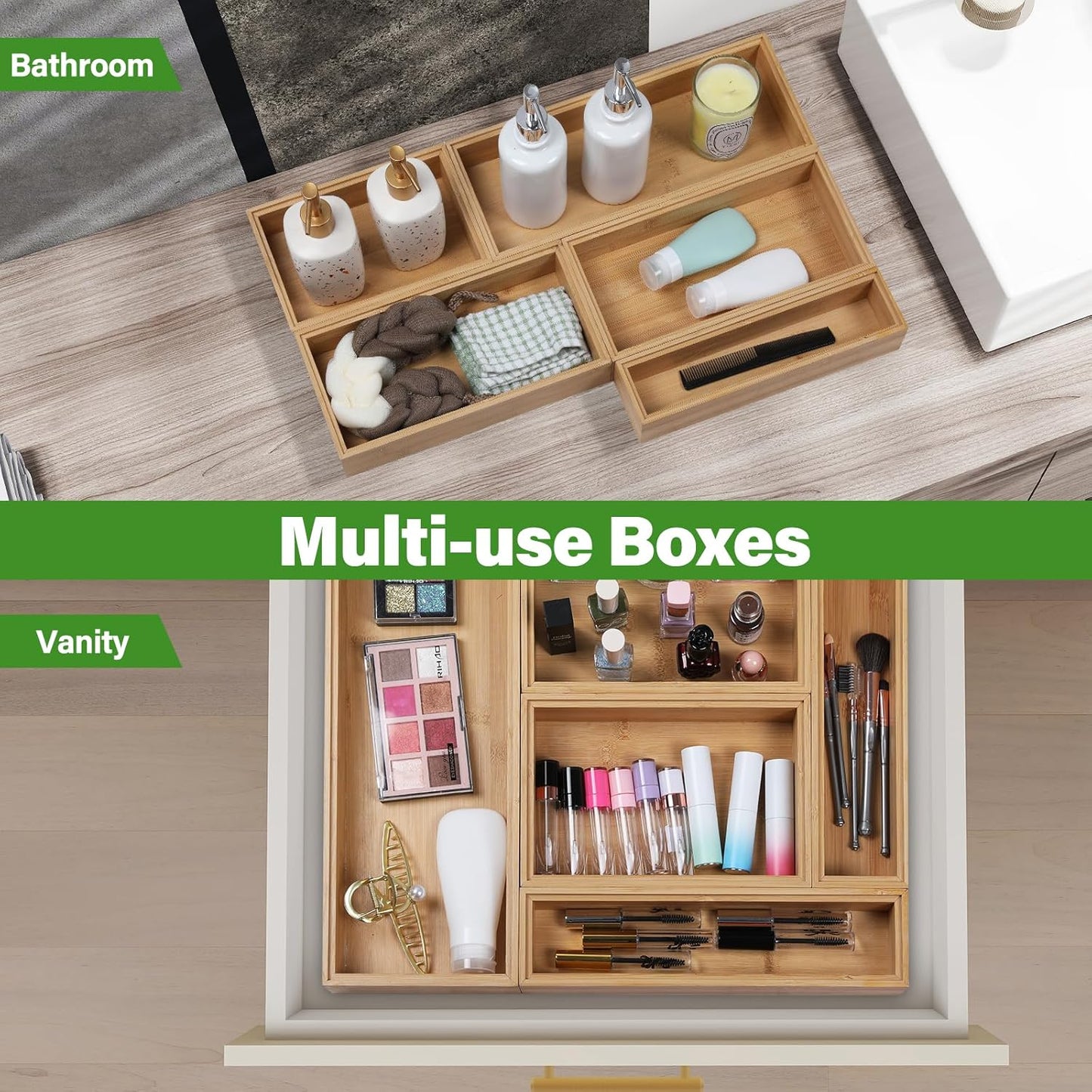 Bamboo Drawer Organizer, 2PCS Stackable Storage Boxes for Utensil Organizer, Wood Tray for kitchen, Bathroom and Bedroom 12" x 6" x 2"